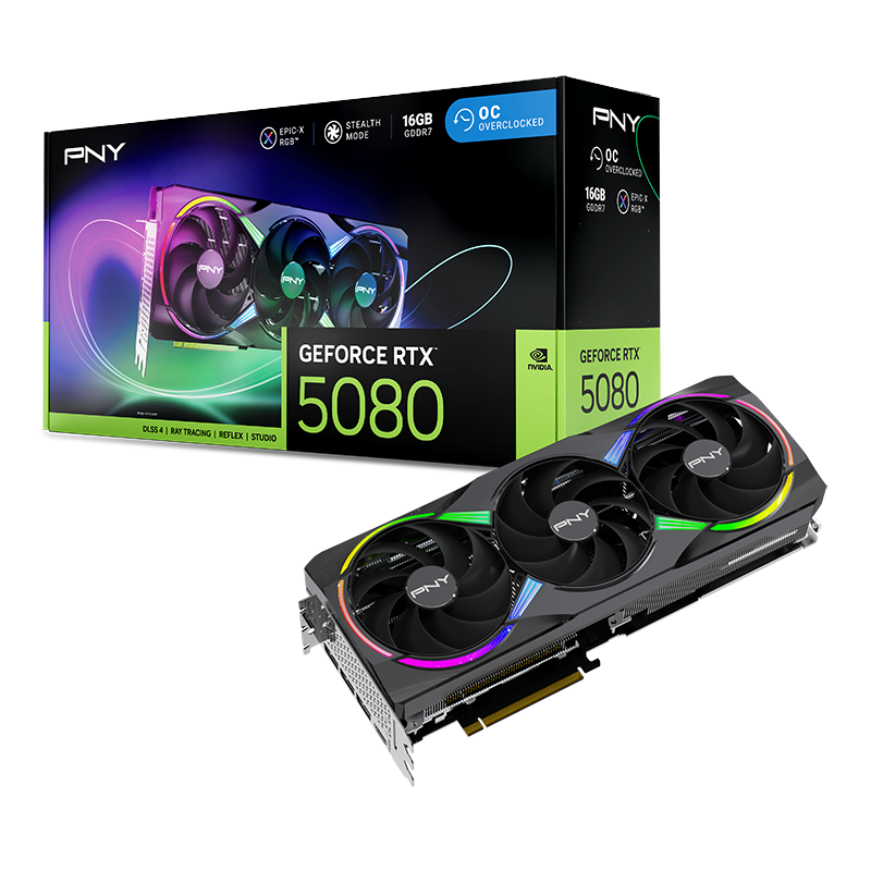 PNY GeForce RTX™ 5080 16GB ARGB EPIC-X RGB™ Overclocked Triple Fan GPU