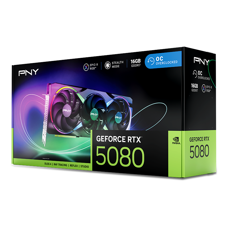 PNY GeForce RTX™ 5080 16GB ARGB EPIC-X RGB™ Overclocked Triple Fan GPU