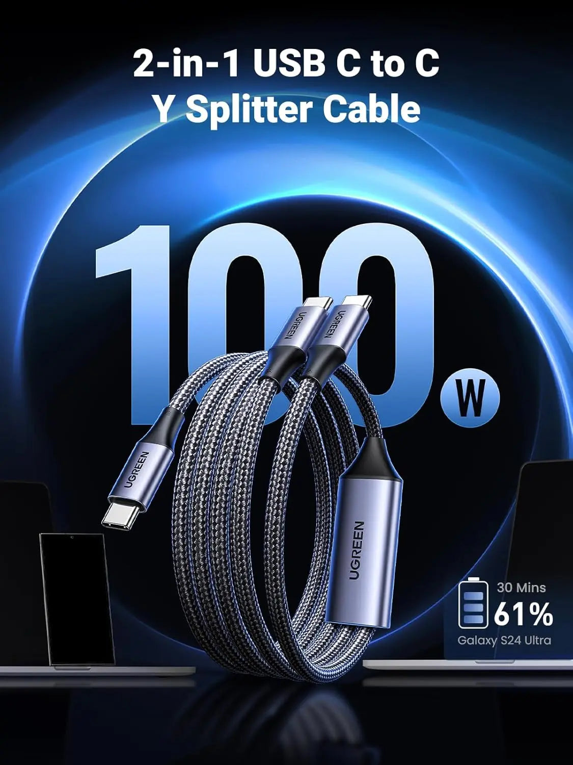 UGREEN 2-in-1 USB-C to Dual USB-C Charging Cable 100W 1.5m (35087)