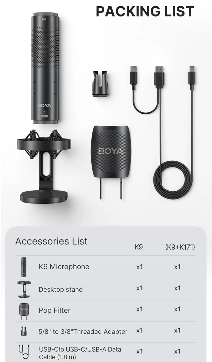 BOYA K9 RGB Gaming Condenser Mic Kit with Pop Filter, Shock Mount, Cover & USB-C Cable – Ideal Podcast Mic Set for Podcasting, Streaming and Gaming (Black)