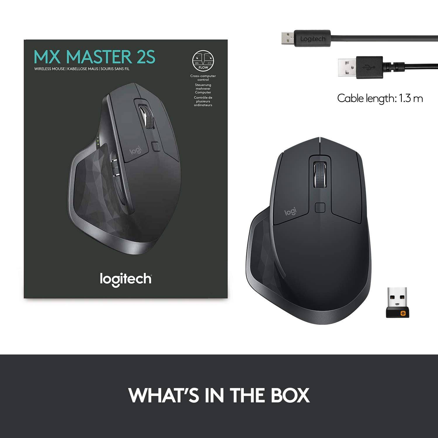 Logitech MX Master 2S Wireless Mouse, Multi-Device, Bluetooth or 2.4GHz Wireless with USB Unifying Receiver, 4000 DPI Any Surface Tracking - Black
