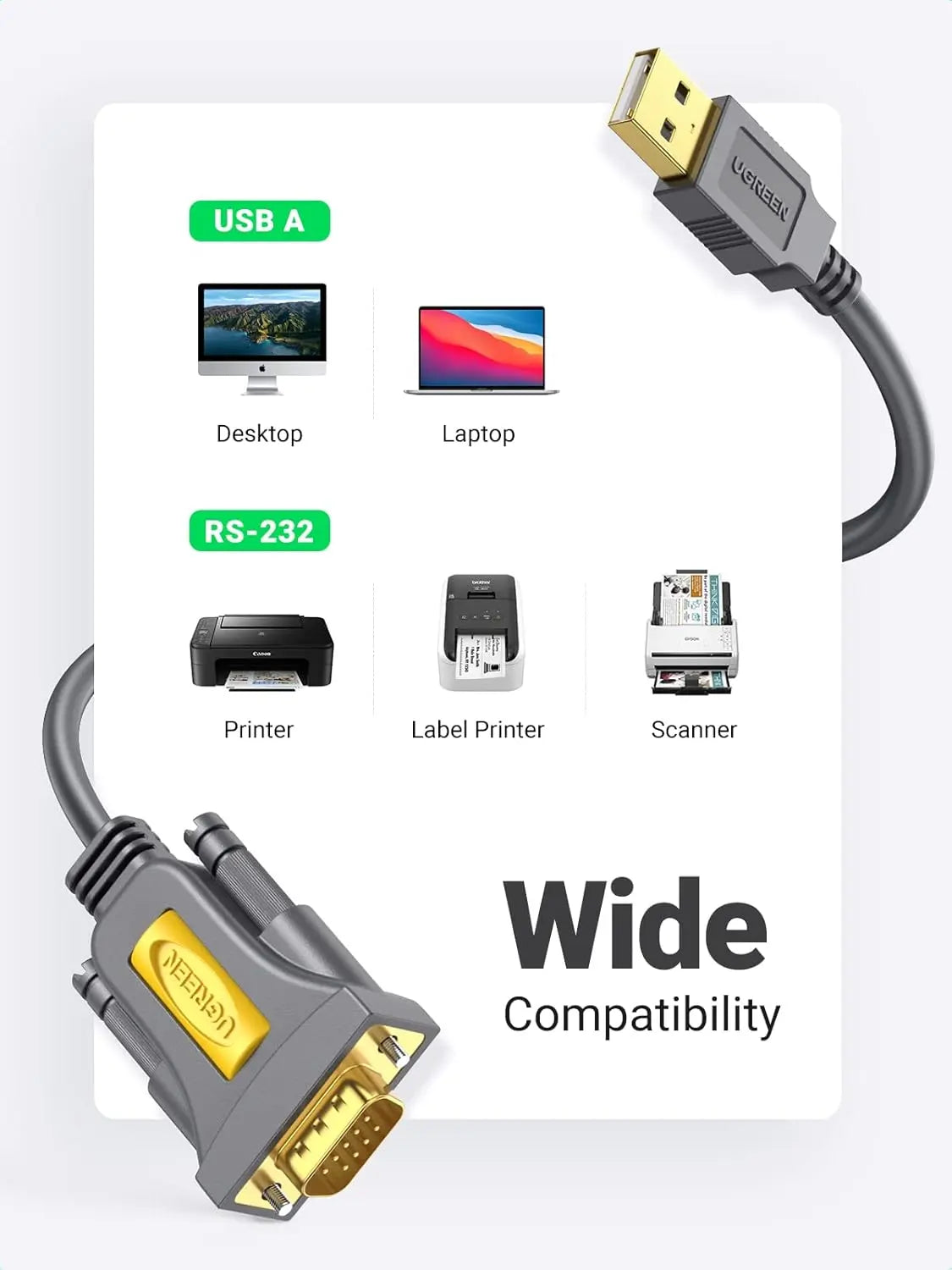 UGREEN USB 2.0 to RS232 DB9 Male Serial Adapter Cable, PL2303 Chipset, 2m (20222)