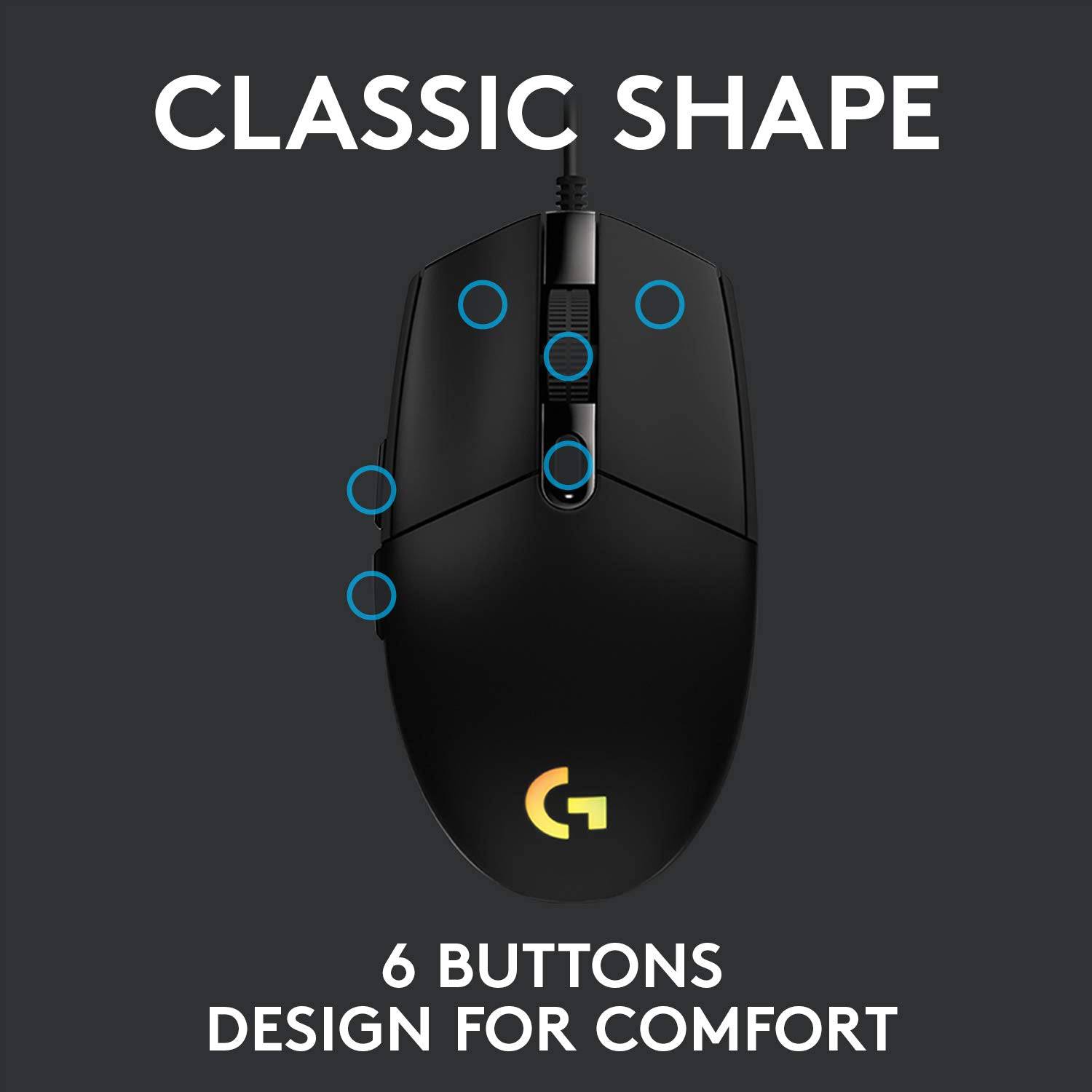 Logitech G G203 Wired Gaming Mouse, 8000 DPI, Rainbow Optical Effect LIGHTSYNC RGB, 6 Programmable Buttons, On-Board Memory, Screen Mapping, PC/Mac Computer and Laptop Compatible - Black - Golchha Computers