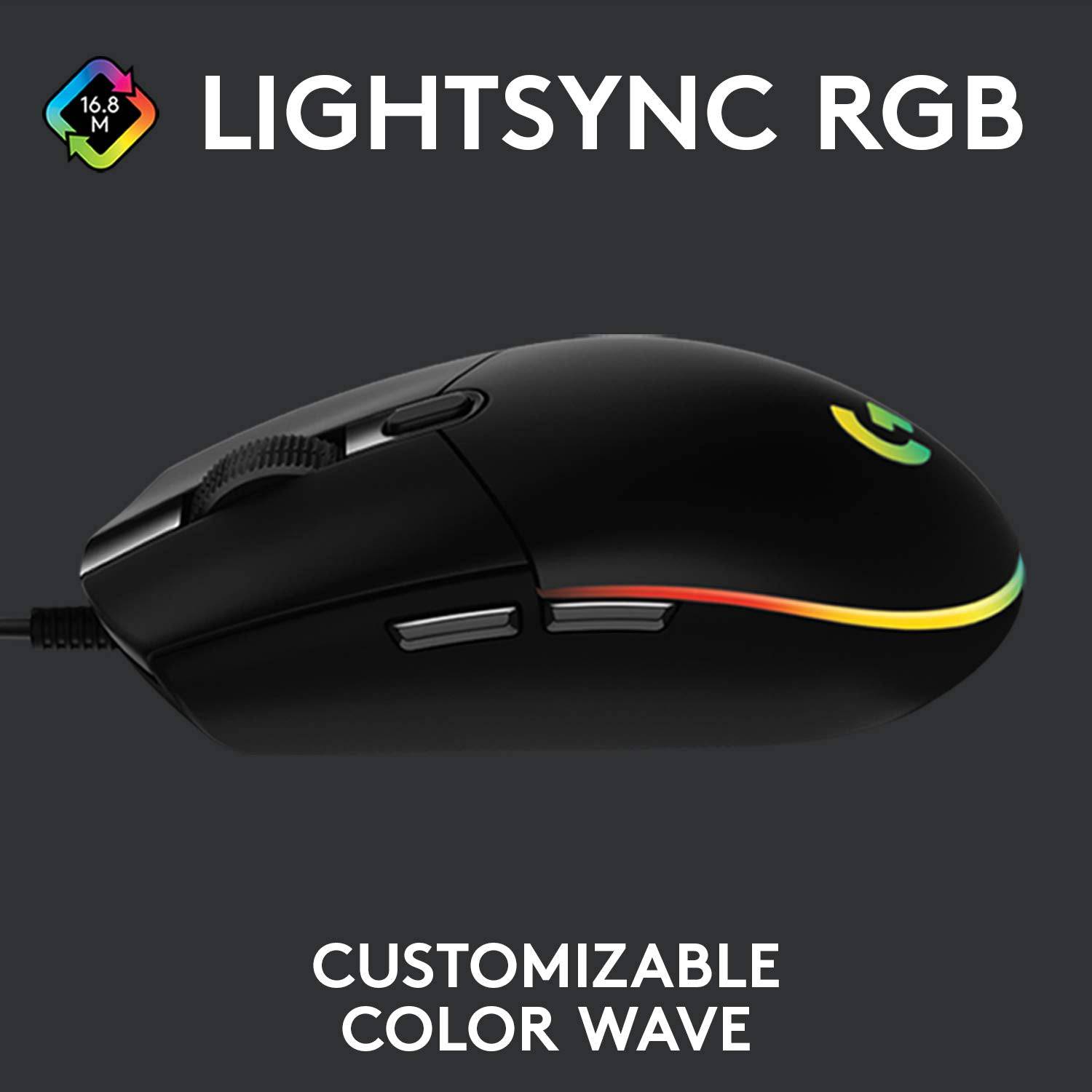 Logitech G G203 Wired Gaming Mouse, 8000 DPI, Rainbow Optical Effect LIGHTSYNC RGB, 6 Programmable Buttons, On-Board Memory, Screen Mapping, PC/Mac Computer and Laptop Compatible - Black - Golchha Computers