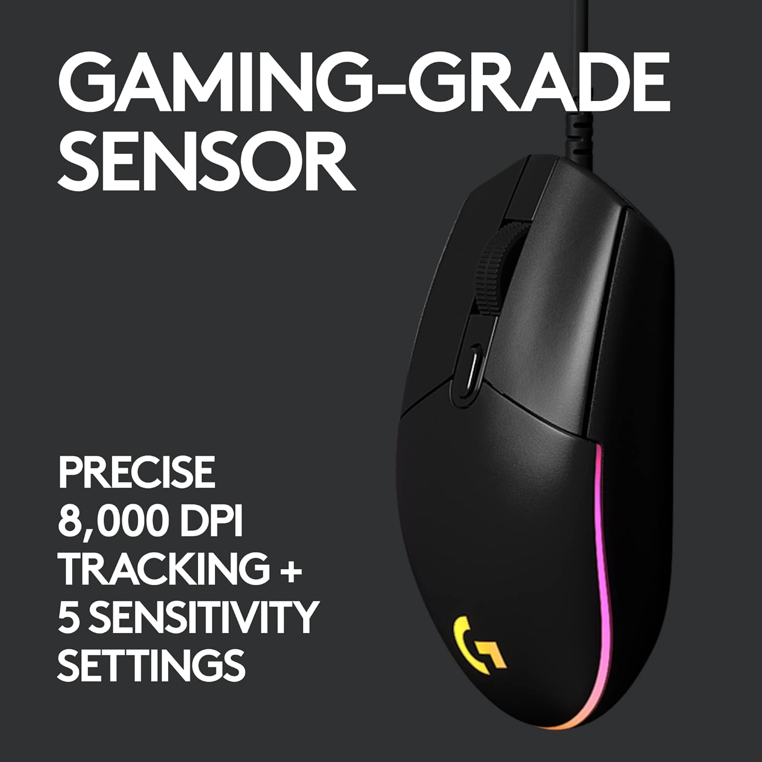 Logitech G G203 Wired Gaming Mouse, 8000 DPI, Rainbow Optical Effect LIGHTSYNC RGB, 6 Programmable Buttons, On-Board Memory, Screen Mapping, PC/Mac Computer and Laptop Compatible - Black - Golchha Computers
