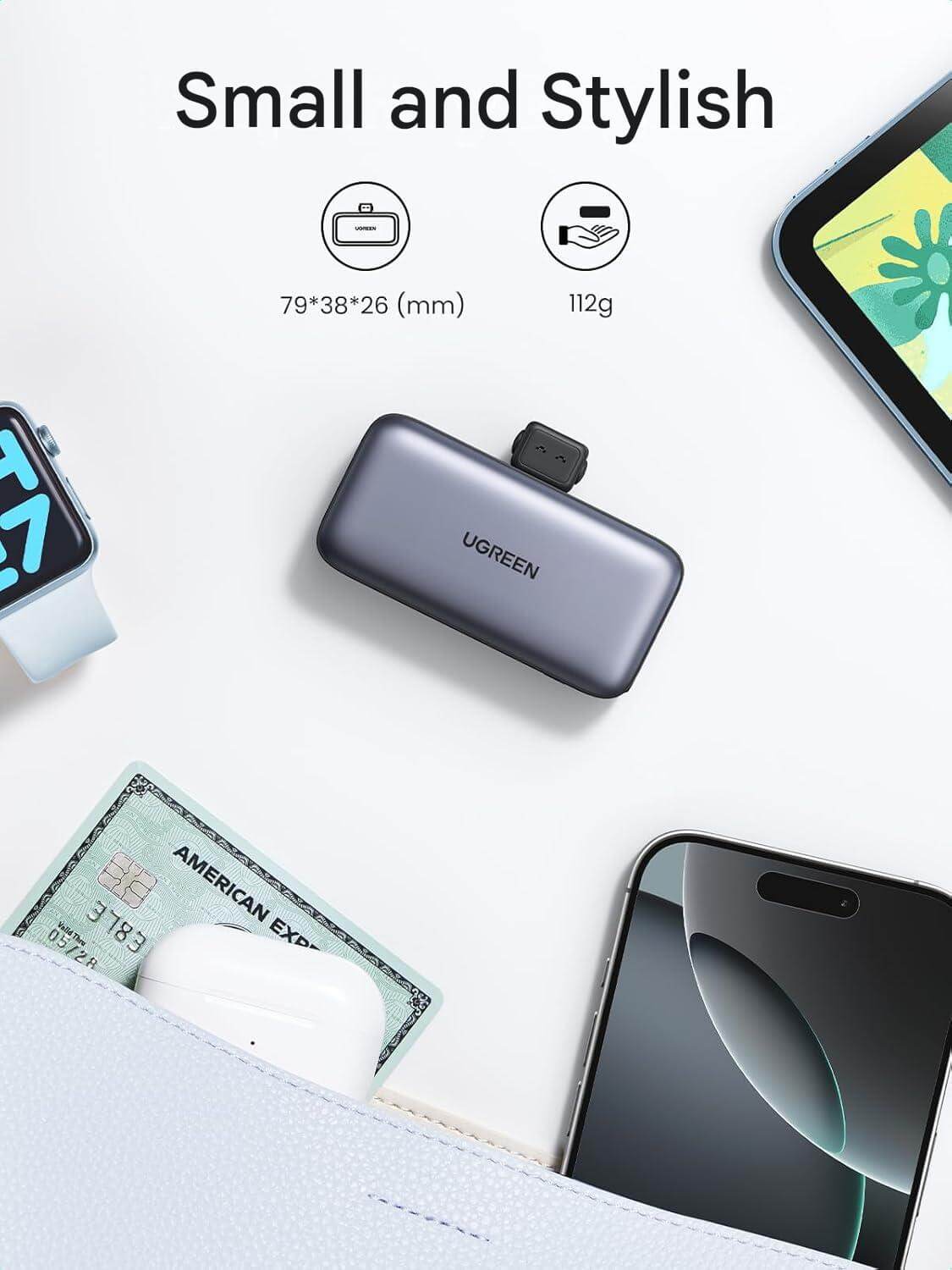 UGREEN 5000mAh 22.5W Mini Power Bank with Built-in USB-C Connector & Stand (35338)