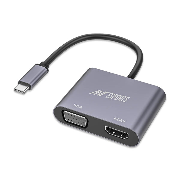 Ant Esports AEC210 2-in-1 USB C to HDMI VGA Adapter, USB C to HDMI 4K 60Hz VGA 1080P 60Hz Converter for Windows, Apple, Linux, Android – Silver/Grey
