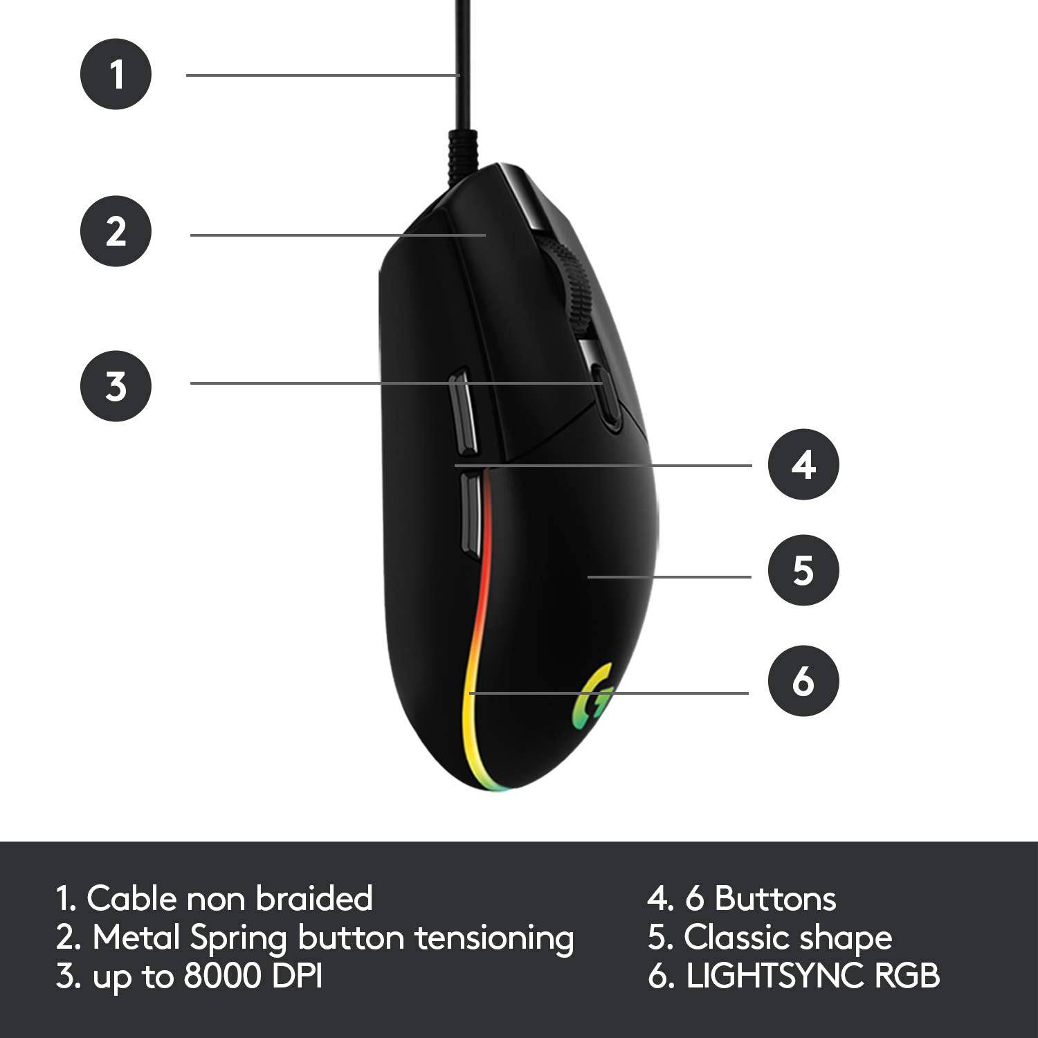Logitech G G203 Wired Gaming Mouse, 8000 DPI, Rainbow Optical Effect LIGHTSYNC RGB, 6 Programmable Buttons, On-Board Memory, Screen Mapping, PC/Mac Computer and Laptop Compatible - Black - Golchha Computers