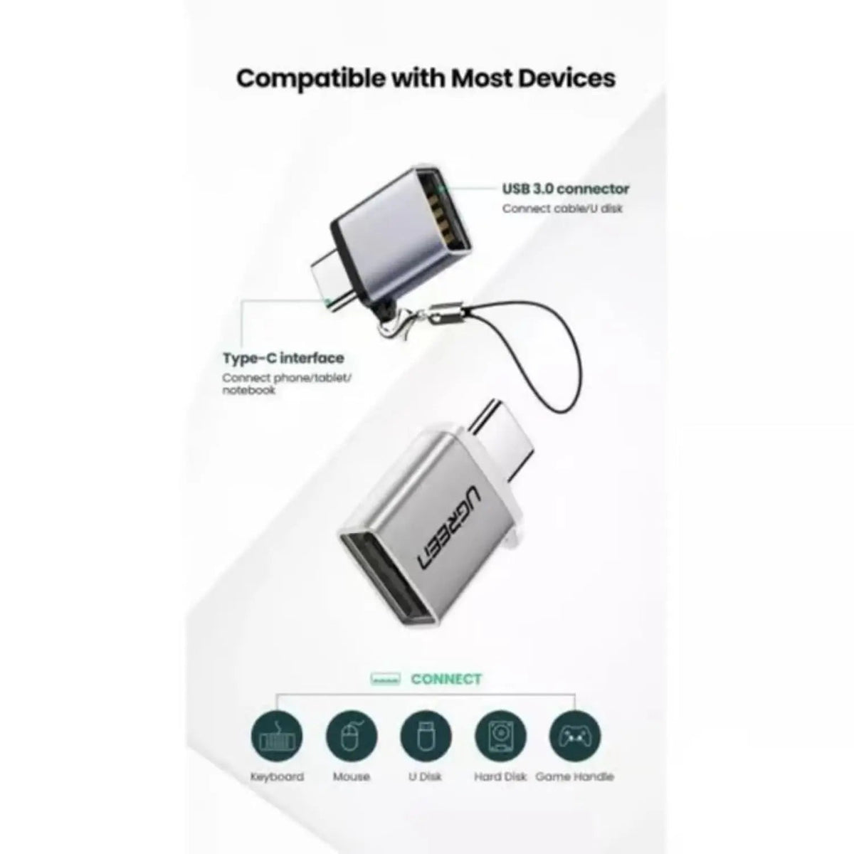 UGREEN USB-C to USB-A 3.0 OTG Adapter with Lanyard, Space Gray (50283)