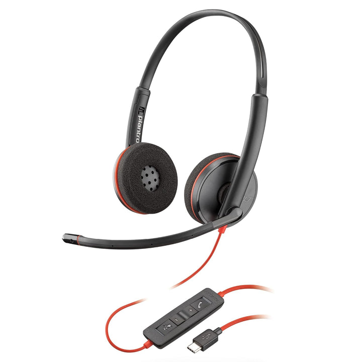 Poly (Plantronics) Blackwire 3220 Stereo Headset, On-ear w/noise-canceling mic, 118g, Connect to mobile/tablet via USB-C/A, Lightweight metal headband, Dynamic EQ, Hi-Fi stereo, Black - Golchha Computers