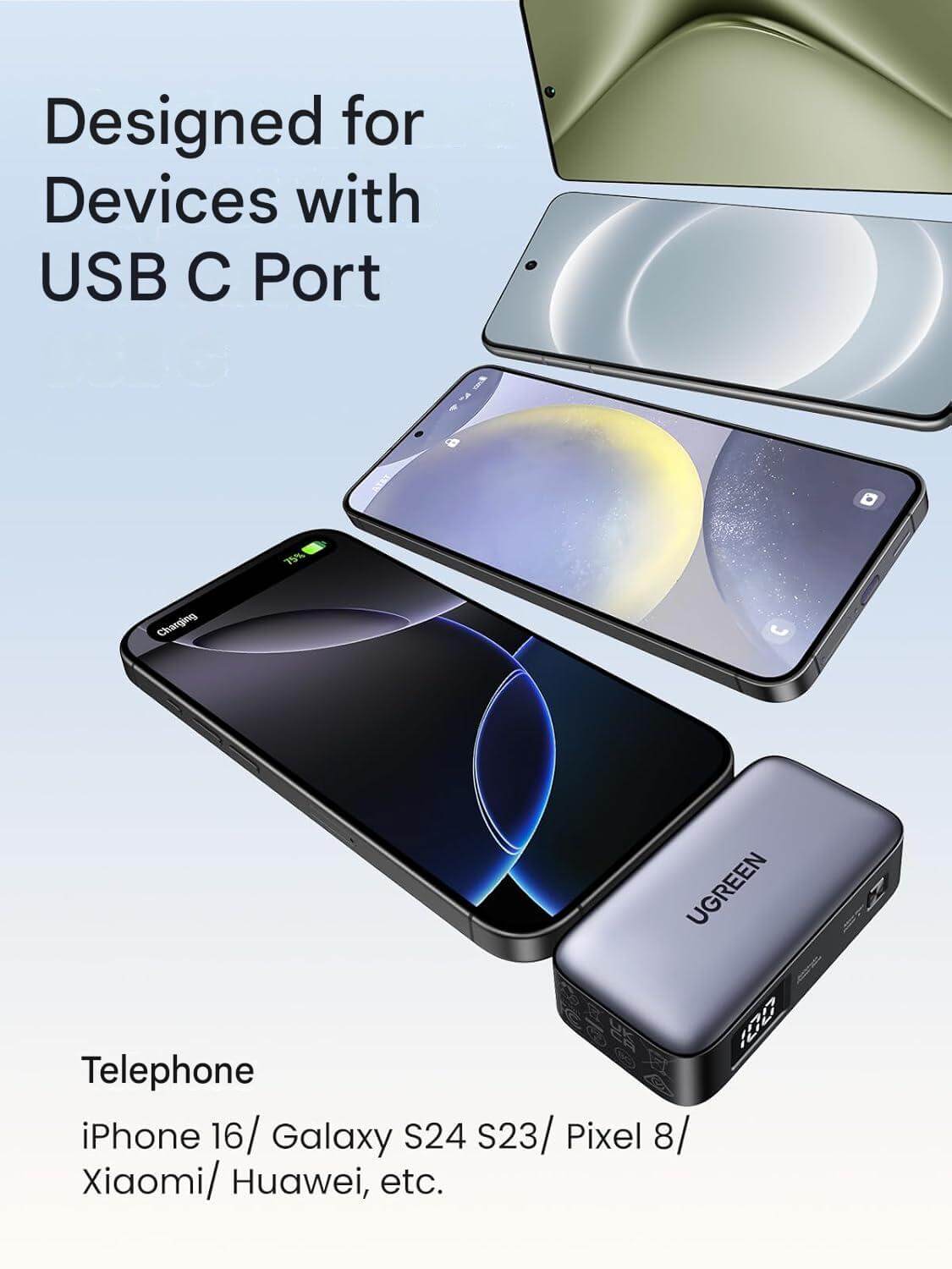 UGREEN 5000mAh 22.5W Mini Power Bank with Built-in USB-C Connector & Stand (35338)
