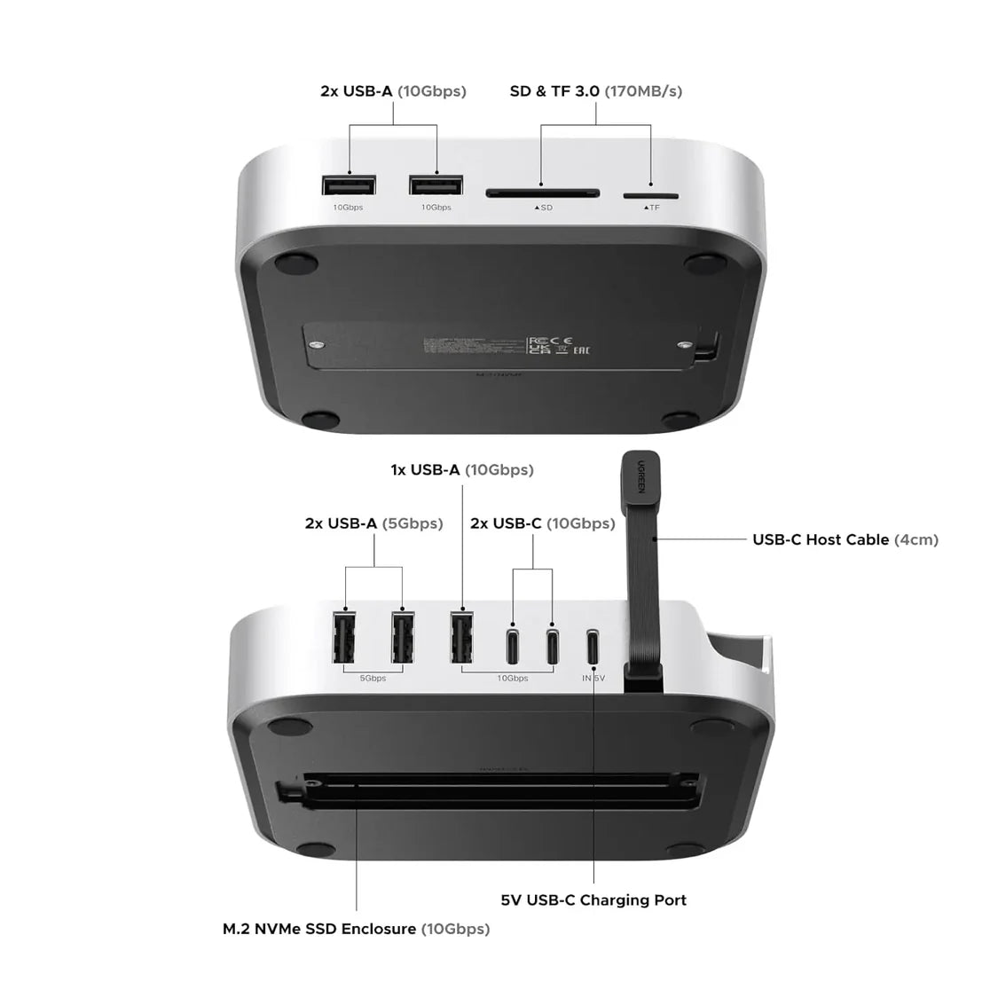 UGREEN Mac mini M4 or M4 Pro Dock 11-in-1 USB C Hub 8TB M.2 NVMe 10Gbps 5X USB-A 2X Type-C SD/TF Card Docking Station (65487) - GOLCHHA COMPUTERS 
