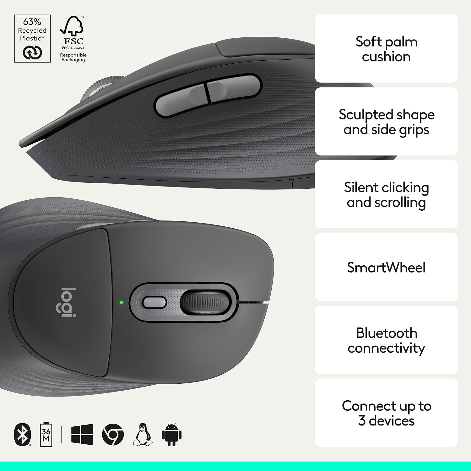 Logitech Signature Comfort Plus M850 L Wireless Bluetooth mouse with palm cushion for enhanced comfort