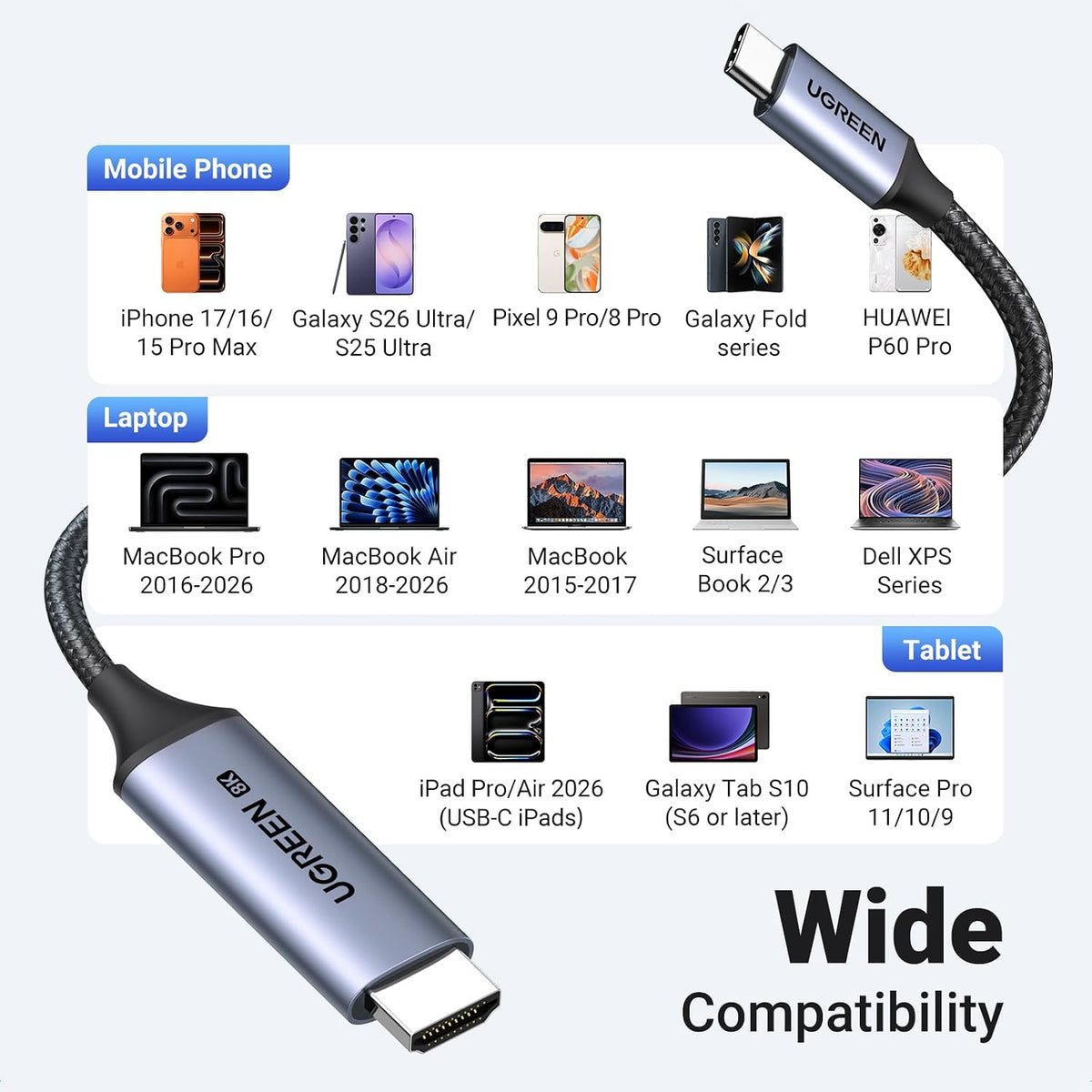 UGREEN 1M USB C to HDMI 2.1 Cable 8K@60Hz 4K@240/144/120Hz Type C Thunderbolt 4 (35596)