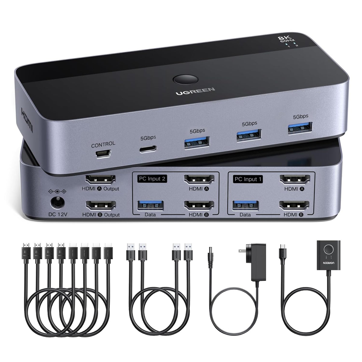 UGREEN 2 In 2 Out 8K 60Hz HDMI Dual Monitor KVM Switch with 4 USB 3.0 Ports (85100)
