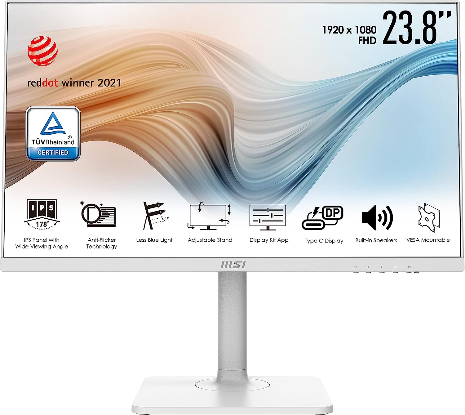 MSI Modern MD241PW 24 Inch 1920 x 1080 Pixels Computer Monitor, Full HD, 75Hz, IPS, HDMI, Type C, Adjustable Stand, Speakers-White