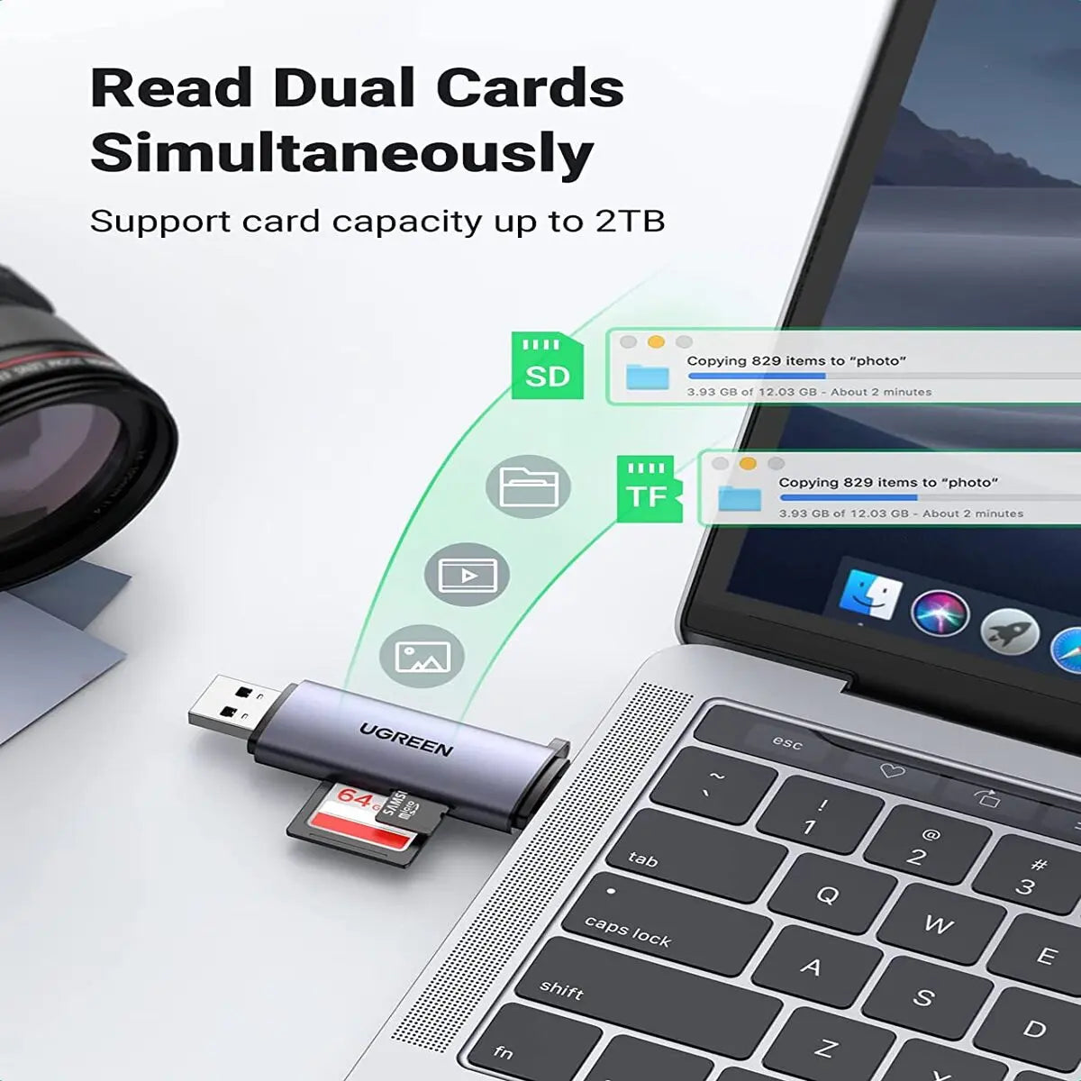 UGREEN 2-in-1 USB-C & USB-A 3.0 SD/microSD Card Reader, Dual Slot, UHS-I (50706)