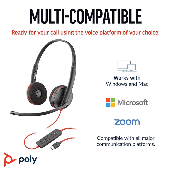 Poly (Plantronics) Blackwire 3220 Stereo Headset, On-ear w/noise-canceling mic, 118g, Connect to mobile/tablet via USB-C/A, Lightweight metal headband, Dynamic EQ, Hi-Fi stereo, Black - Golchha Computers