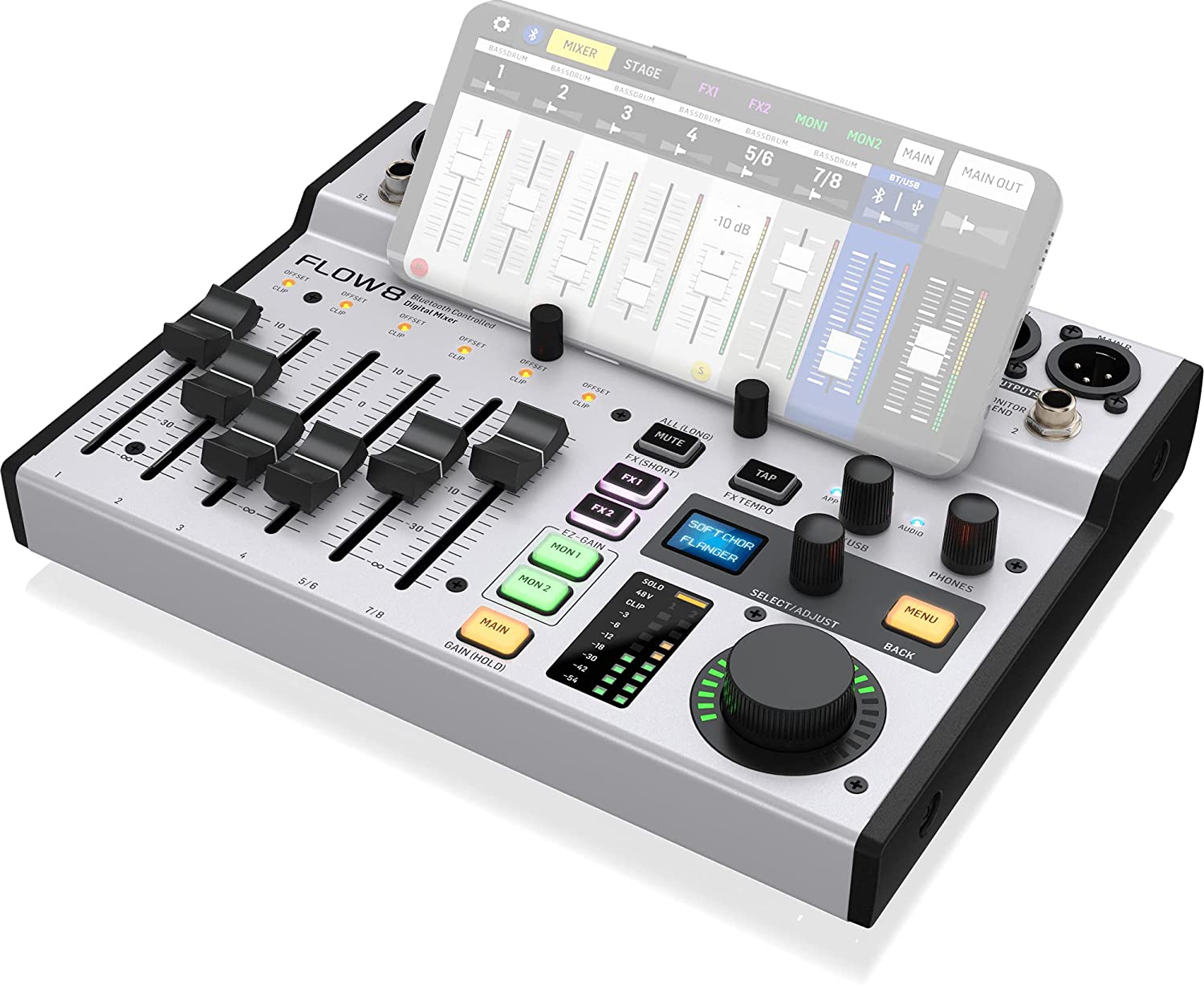 Behringer FLOW 8 8-Input Digital Mixer with Bluetooth Audio and App Control, 60 mm-Channel Faders, 2 FX Processors and USB/Audio Interface