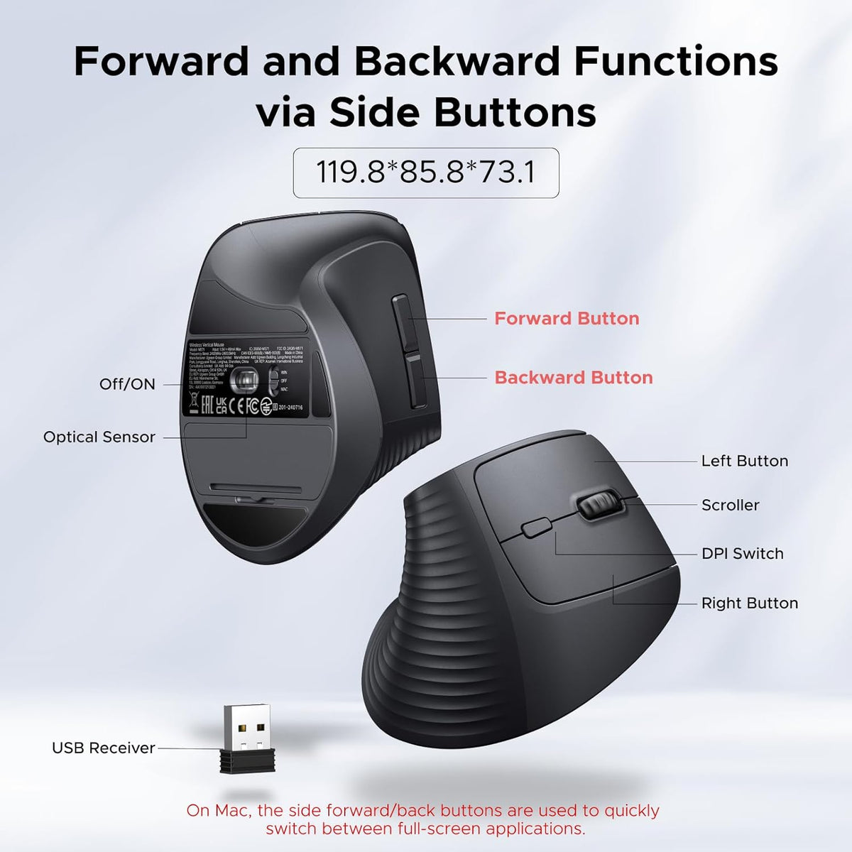 UGREEN Wireless Vertical Ergonomic Mouse, 4000 DPI, 6 Buttons (55916)