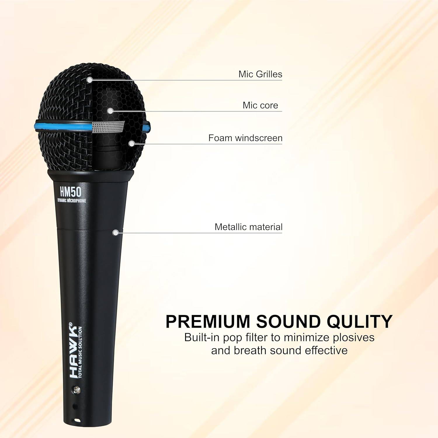 Hawk Proaudio HM 50 Handheld Dynamic Cardioid Wired Mic for Live, Recording, Speech, Karaoke with 6 Meter mic Cable, mic Holder and Pouch - Golchha Computers