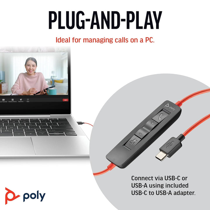 Poly (Plantronics) Blackwire 3220 Stereo Headset, On-ear w/noise-canceling mic, 118g, Connect to mobile/tablet via USB-C/A, Lightweight metal headband, Dynamic EQ, Hi-Fi stereo, Black - Golchha Computers