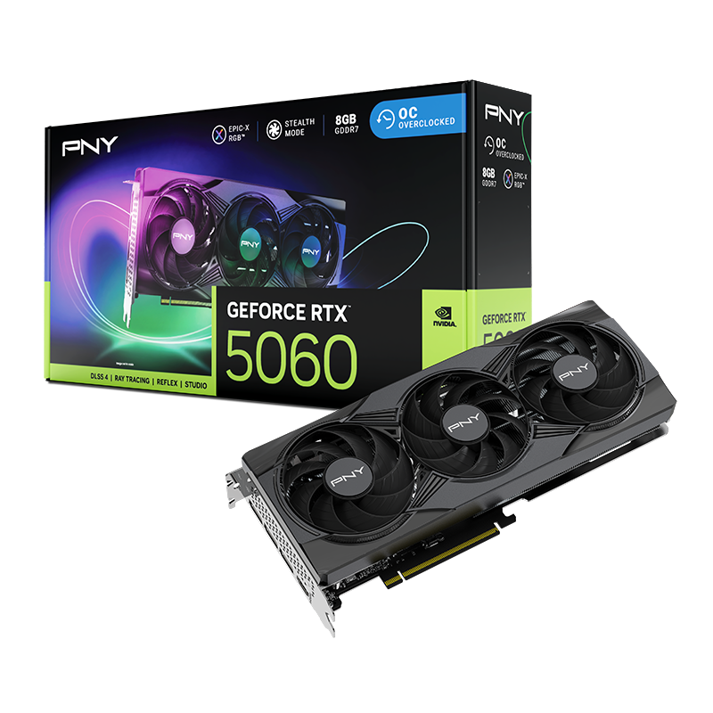 PNY GeForce RTX™ 5060 8GB ARGB EPIC-X RGB™ Overclocked Triple Fan GPU