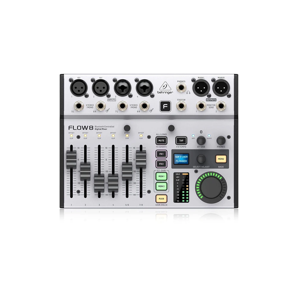 Behringer FLOW 8 8-Input Digital Mixer with Bluetooth Audio and App Control, 60 mm-Channel Faders, 2 FX Processors and USB/Audio Interface