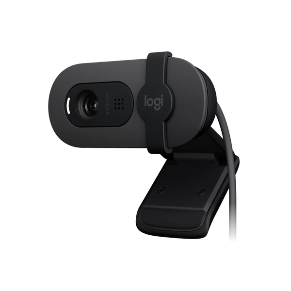 Logitech  BRIO 100 Full HD 1080p webcam with auto-light balance, integrated privacy shutter, and built-in mic.
