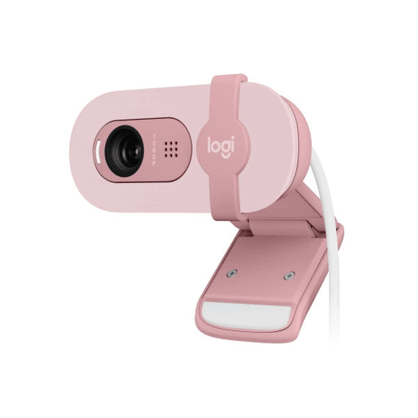 Logitech  BRIO 100 Full HD 1080p webcam with auto-light balance, integrated privacy shutter, and built-in mic.