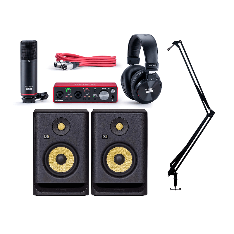 Focusrite Scarlett 2i2 Studio (3rd Gen) USB Audio Interface & KRK RP5 Rokit 5 G4 Professional Bi-Amp 5" Powered Studio Monitor (Pair) & Hawk HAS01 Professional Recording Microphone Stand Combo