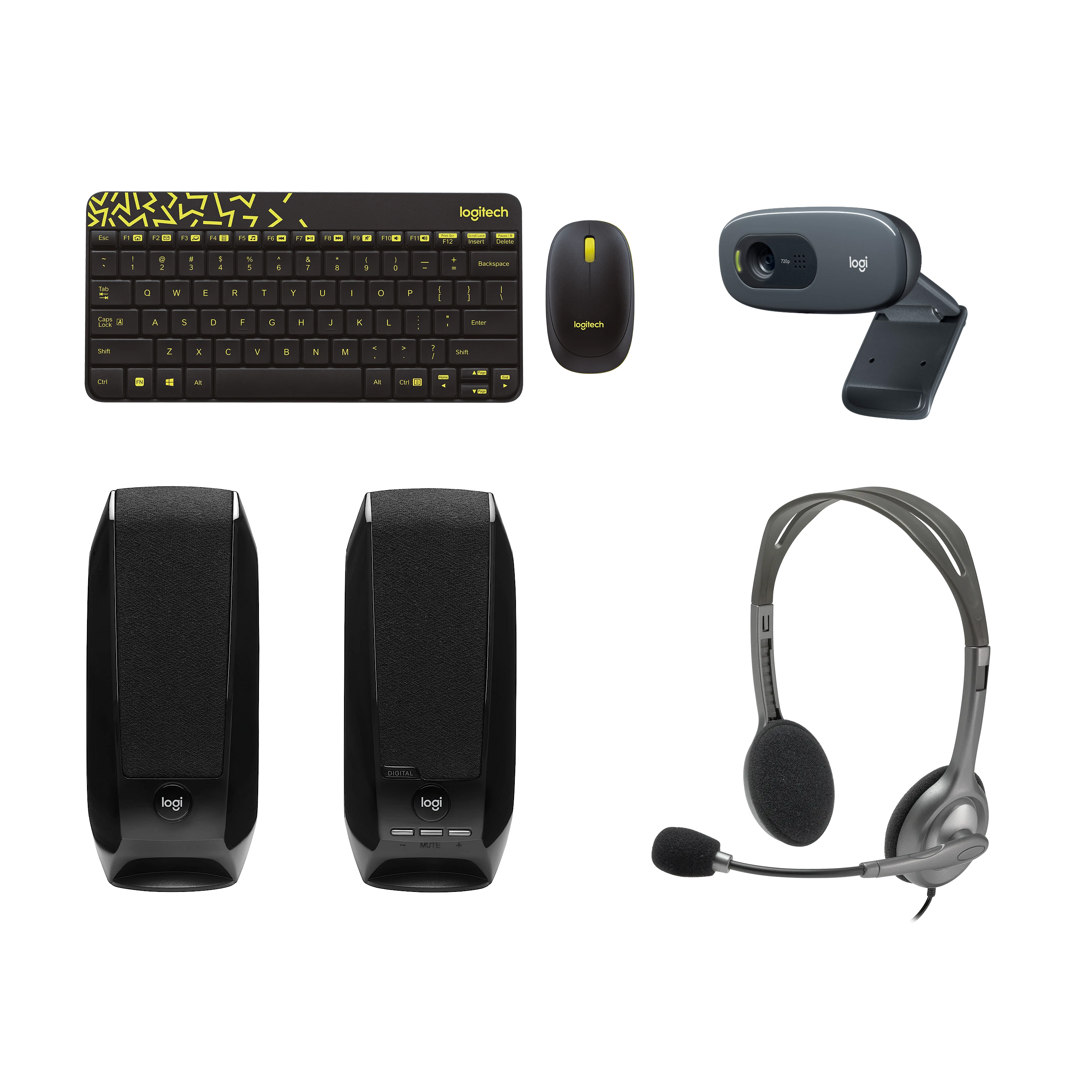 Logitech MK240 Wireless Keyboard and Mouse & C270 HD Webcam & S 150 USB Speaker with H110 Stereo Headset Combo