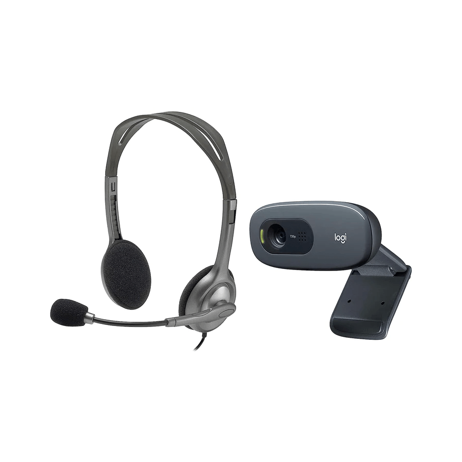 Logitech C270 HD Webcam - Black with H110 Wired Headset, Stereo Headphones - Grey