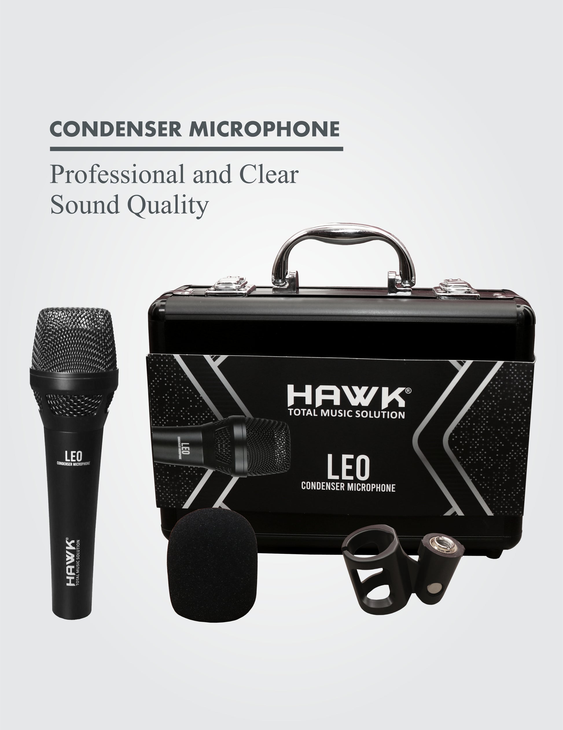 Hawk LEO Condenser Handheld Microphone with Mic Clip, Windscreen & Aluminium Case - GOLCHHA COMPUTERS 