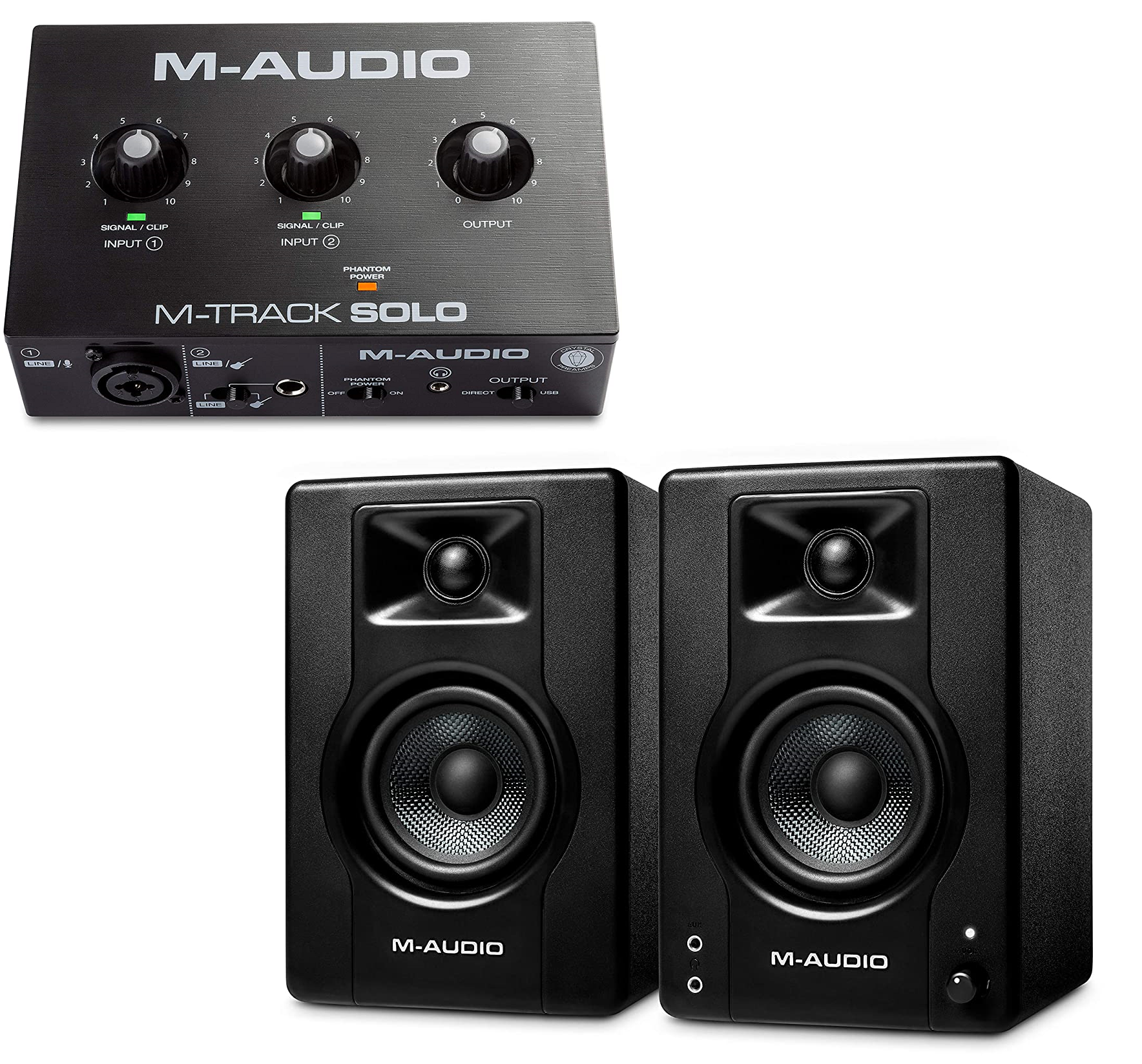 M-Audio M-Track Solo – USB Audio Interface & BX3 - 120-Watt Powered Studio Monitors Combo