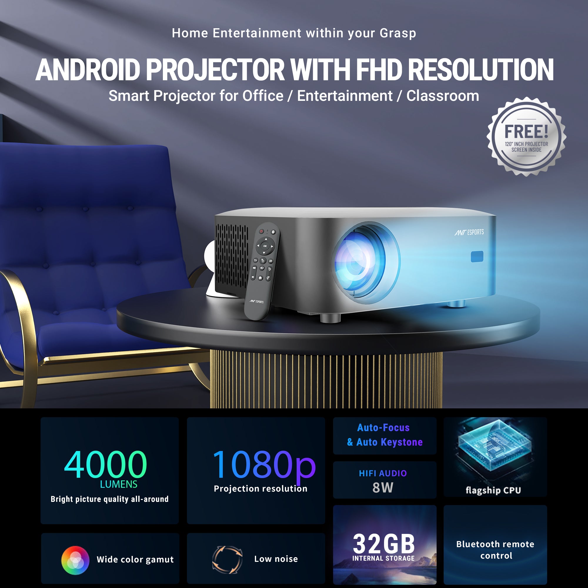 Ant Esports View 611 AF 4000 Lumens FHD (1080) Auto-Focus Projector Andriod Smart projector