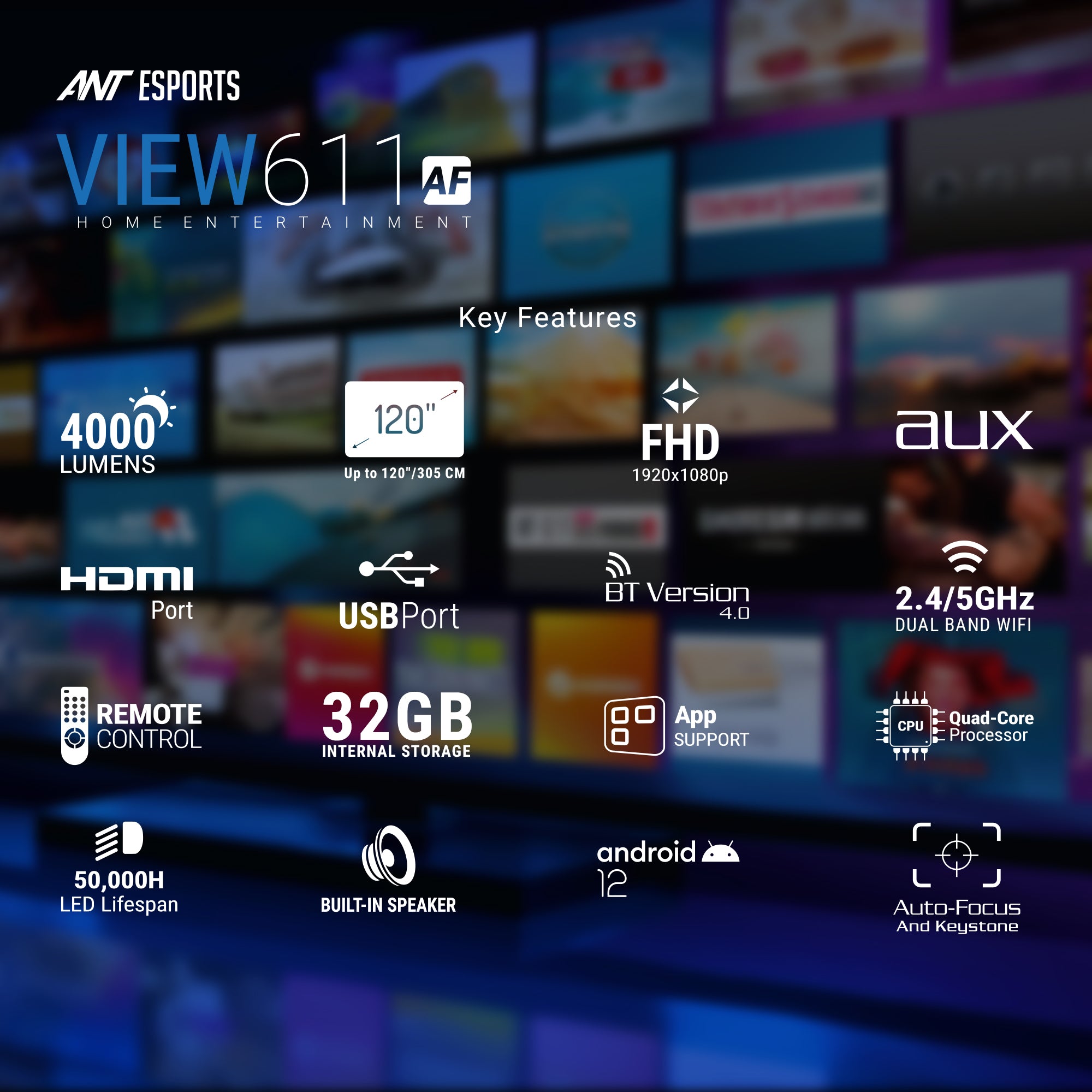 Ant Esports View 611 AF 4000 Lumens FHD (1080) Auto-Focus Projector Andriod Smart projector