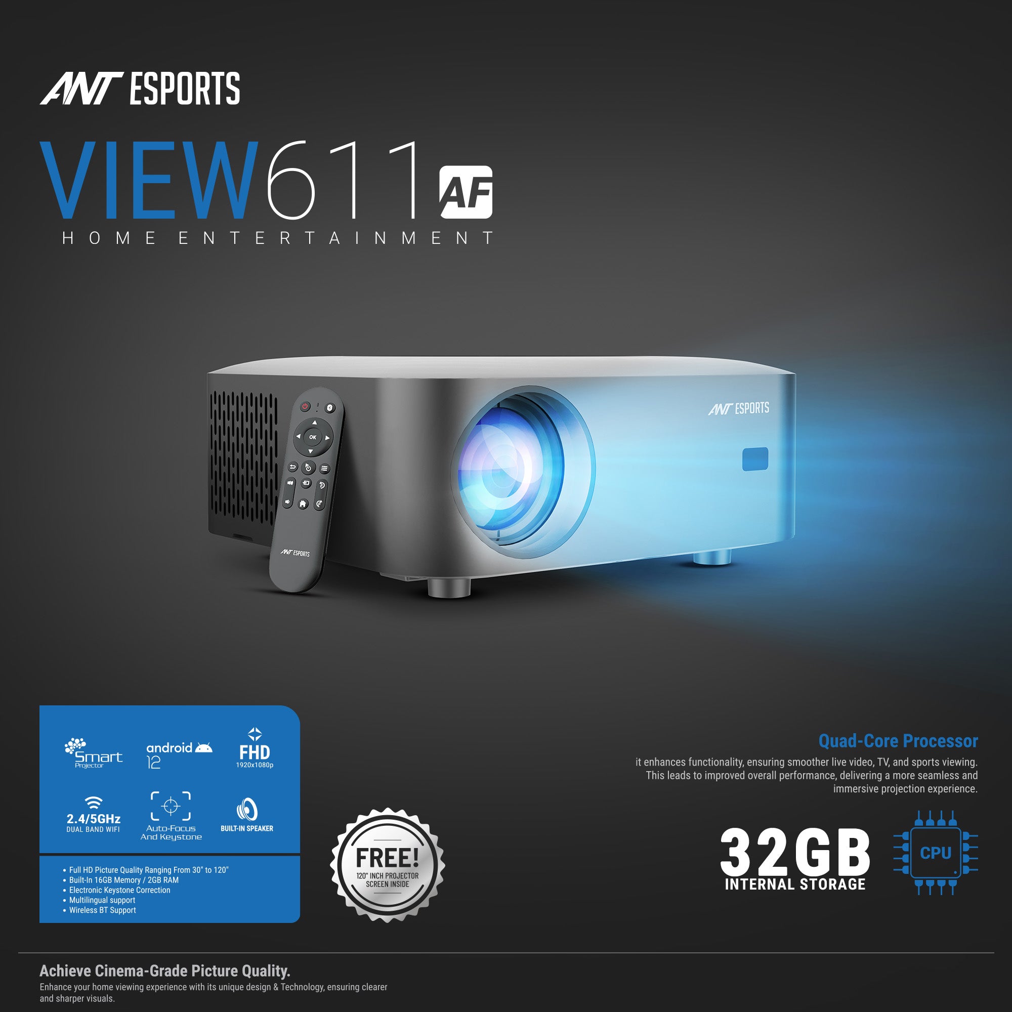 Ant Esports View 611 AF 4000 Lumens FHD (1080) Auto-Focus Projector Andriod Smart projector