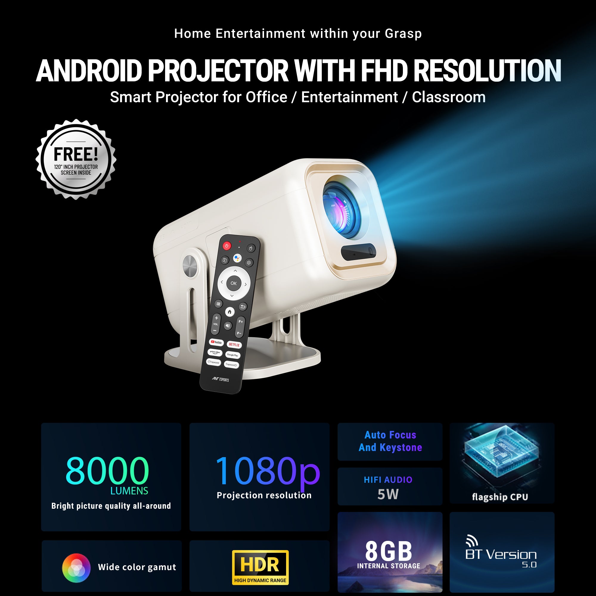 Ant Esports View690 AF 8000 Lumens FHD(1080) Andriod Smart Projector Black