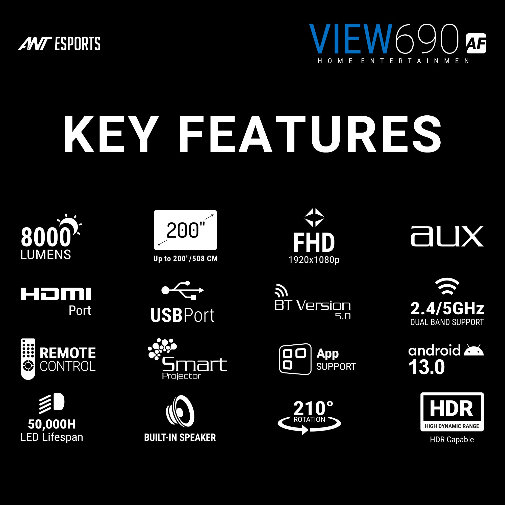 Ant Esports View690 AF 8000 Lumens FHD(1080) Andriod Smart Projector Black