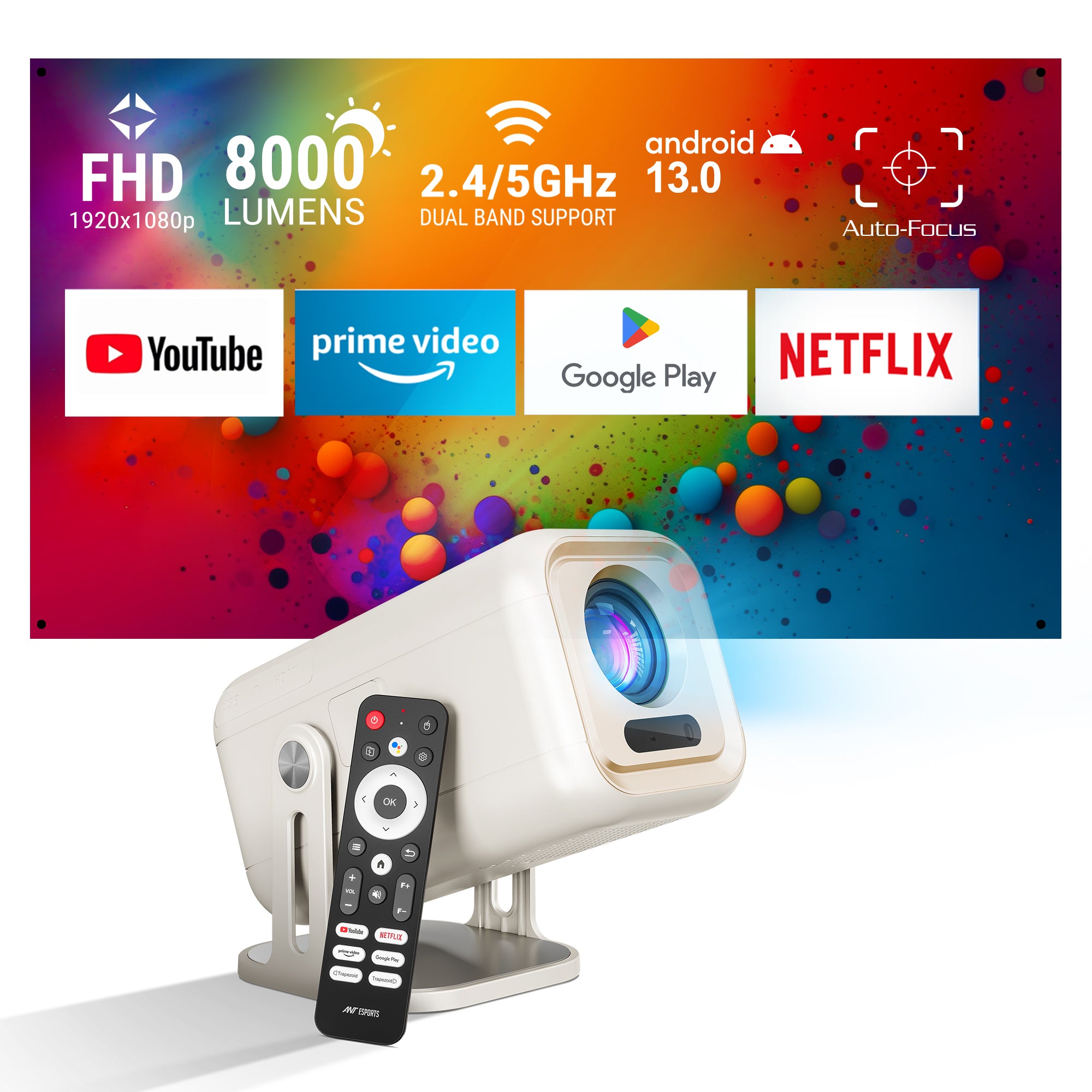 Ant Esports View690 AF 8000 Lumens FHD(1080) Andriod Smart Projector Black