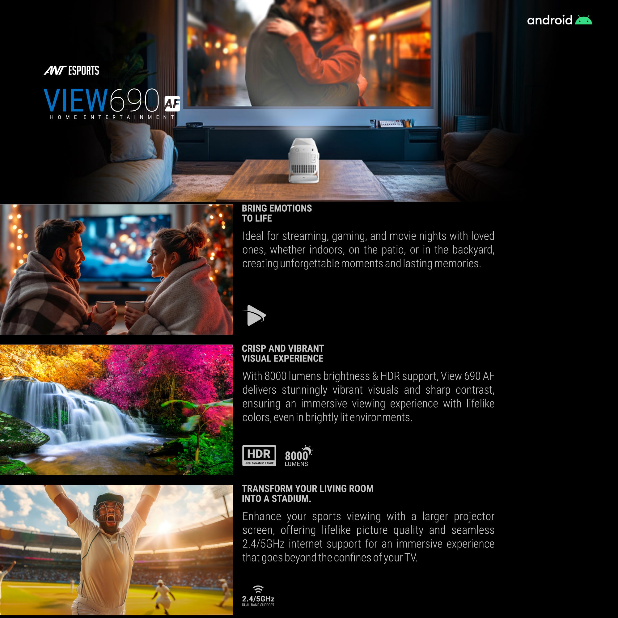 Ant Esports View690 AF 8000 Lumens FHD(1080) Andriod Smart Projector Black