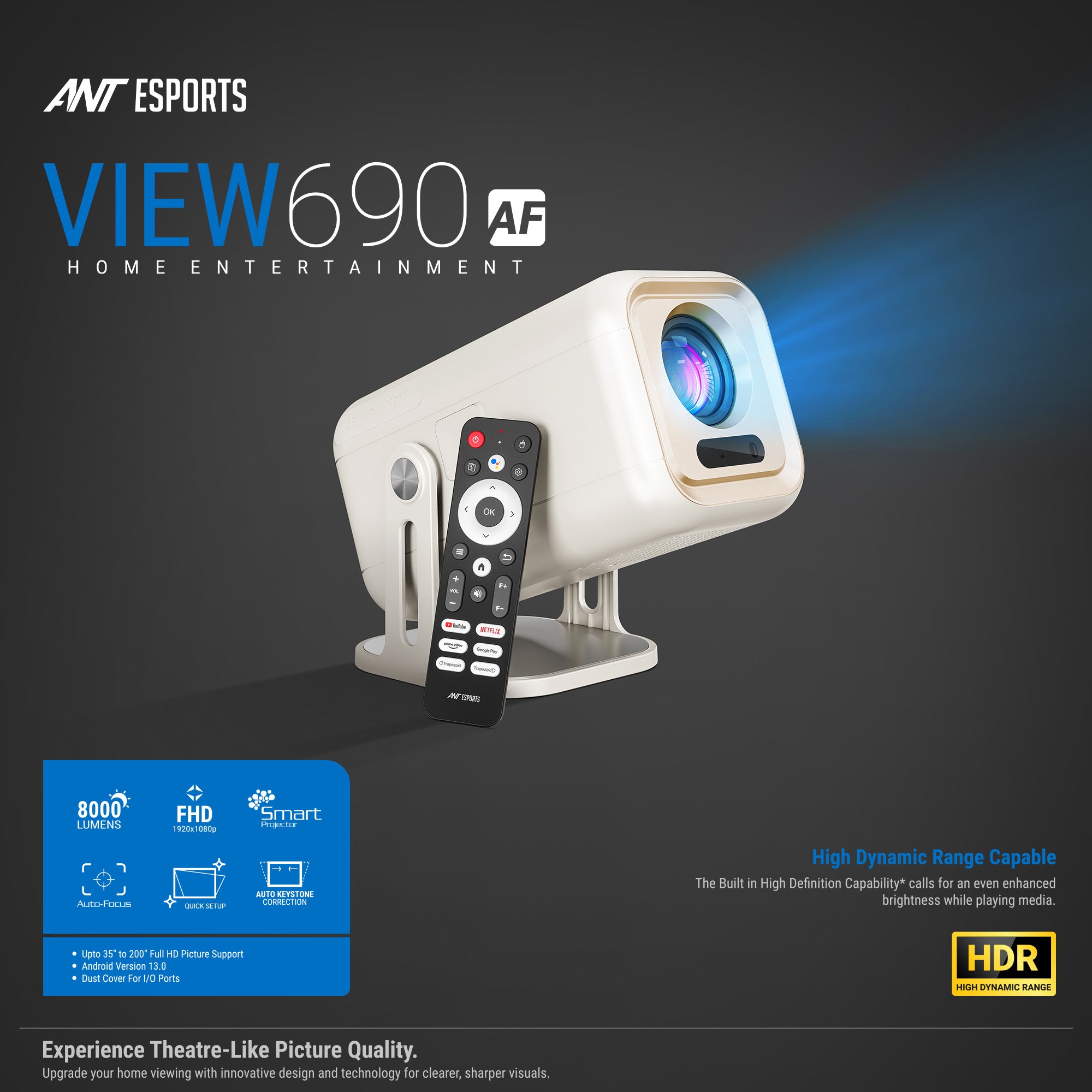 Ant Esports View690 AF 8000 Lumens FHD(1080) Andriod Smart Projector Black