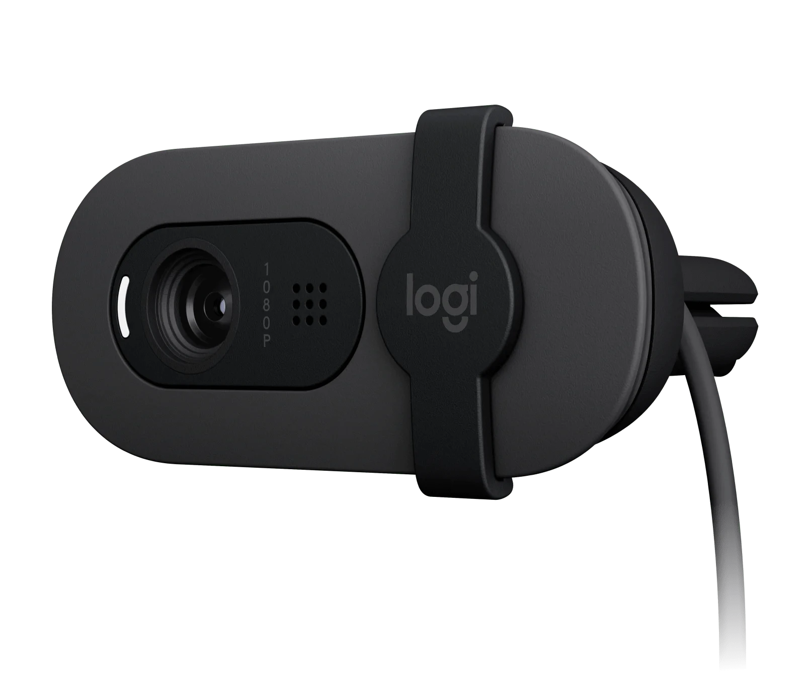 Logitech  BRIO 100 Full HD 1080p webcam with auto-light balance, integrated privacy shutter, and built-in mic.