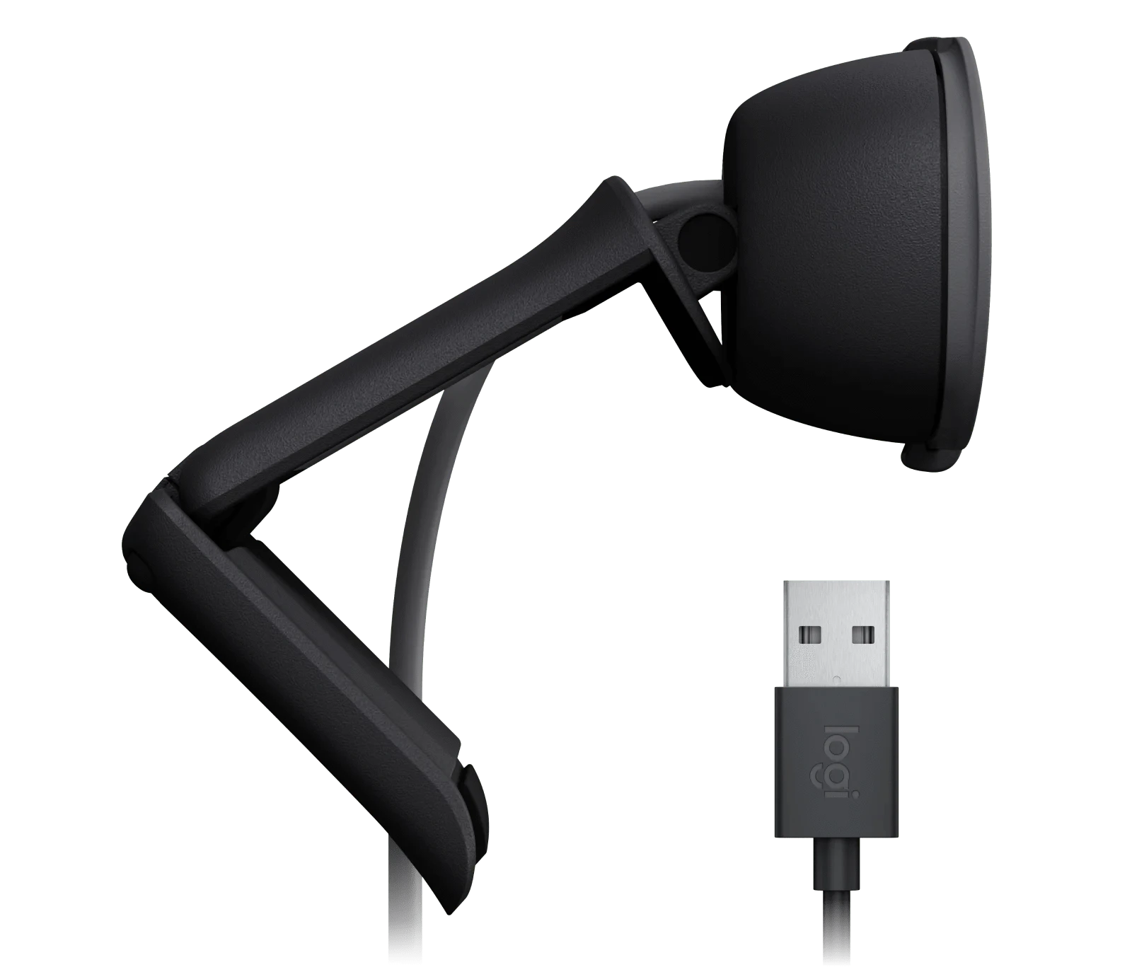 Logitech  BRIO 100 Full HD 1080p webcam with auto-light balance, integrated privacy shutter, and built-in mic.