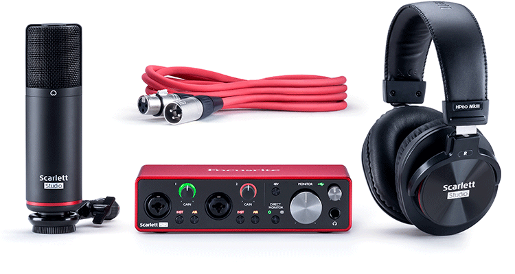 Focusrite Scarlett 2i2 Studio (3rd Gen) USB Audio Interface & KRK RP5 Rokit 5 G4 Professional Bi-Amp 5" Powered Studio Monitor (Pair) & Hawk HAS01 Professional Recording Microphone Stand Combo