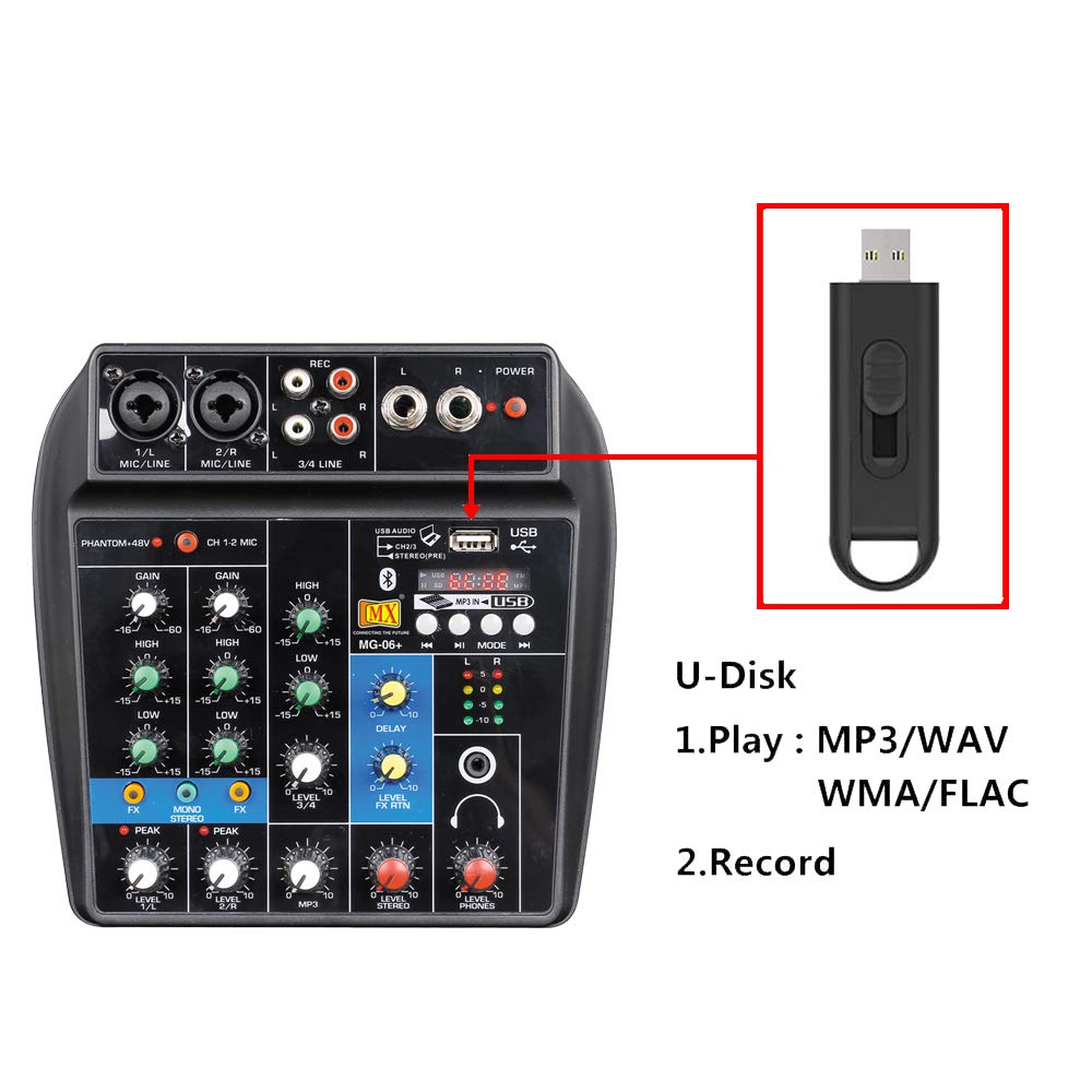 MX 4 Channel Audio Mixer Sound Mixing Console with Bluetooth USB Record 48V Phantom Power Monitor Paths Plus Effects. - Golchha Computers