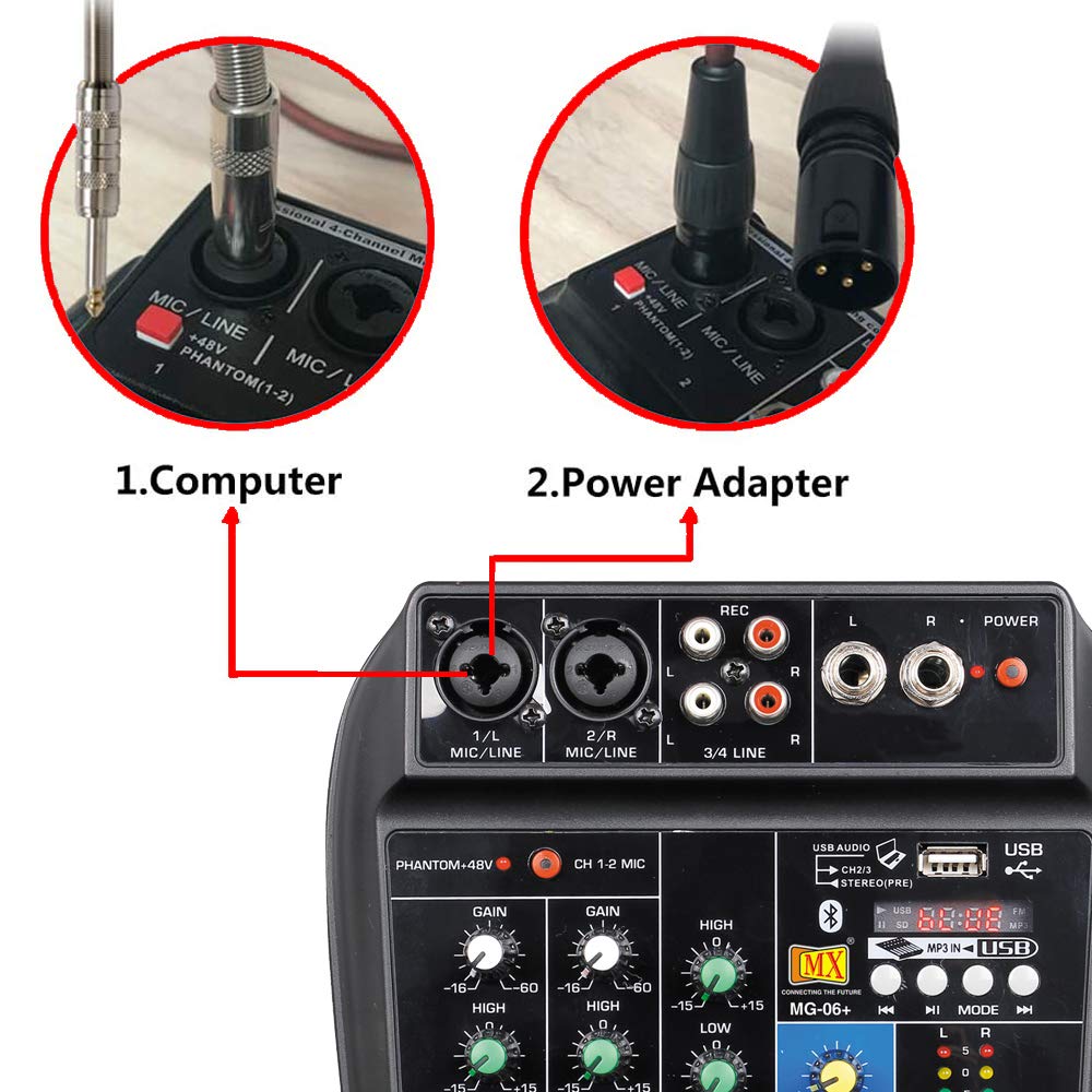 MX 4 Channel Audio Mixer Sound Mixing Console with Bluetooth USB Record 48V Phantom Power Monitor Paths Plus Effects. - Golchha Computers