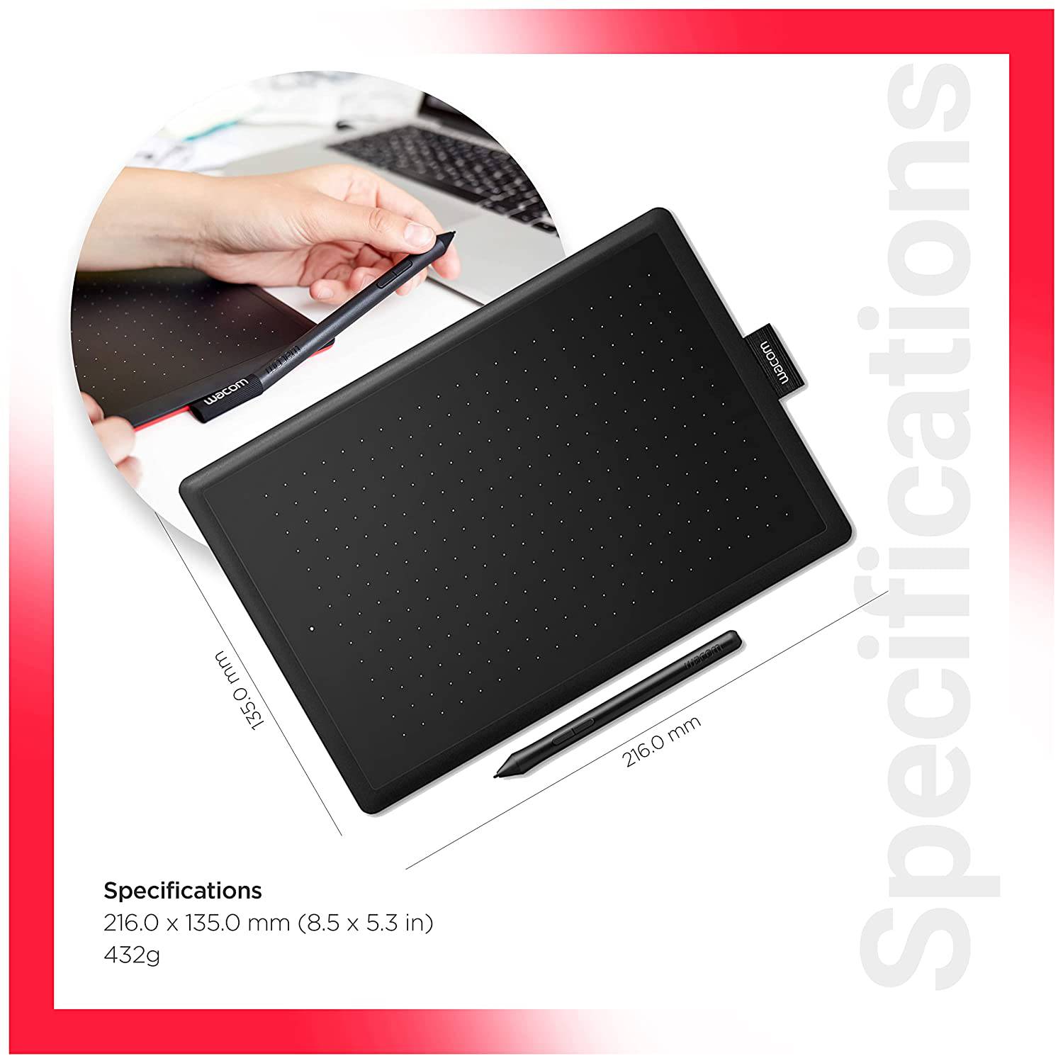 One by WACOM CTL-672/K0-CX Medium 8.5-inch x 5.3-inch Graphic Tablet (Red and Black)