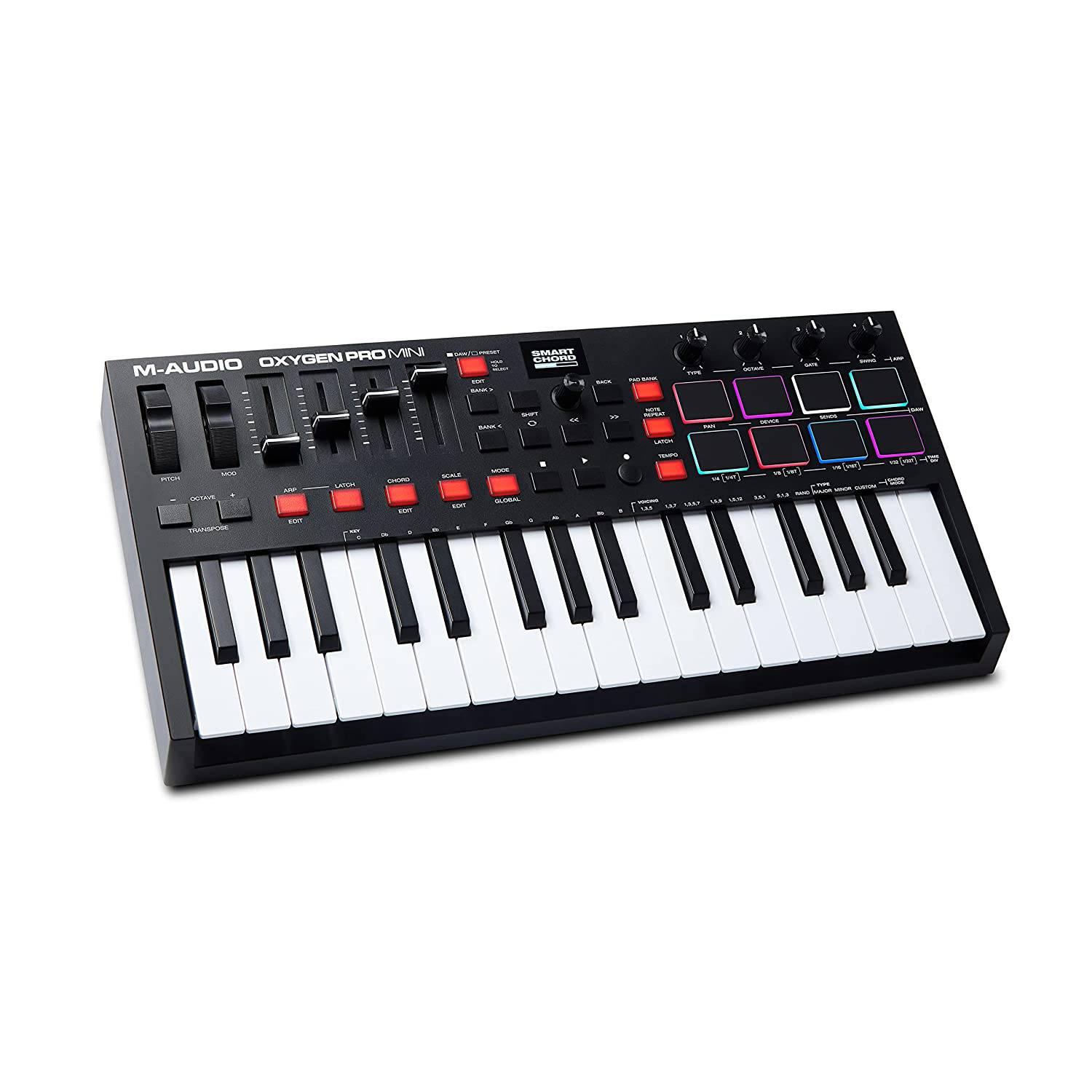 M-Audio Oxygen Pro Mini – 32 Key USB MIDI Keyboard Controller With Beat Pads, MIDI assignable Knobs, Buttons & Faders and Software Suite Included - Golchha Computers